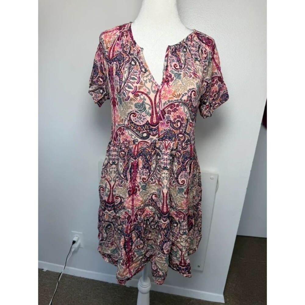 Knox Rose Paisley Boho Babydoll Mini Dress Small Pink Purple Tiered Cottagecore